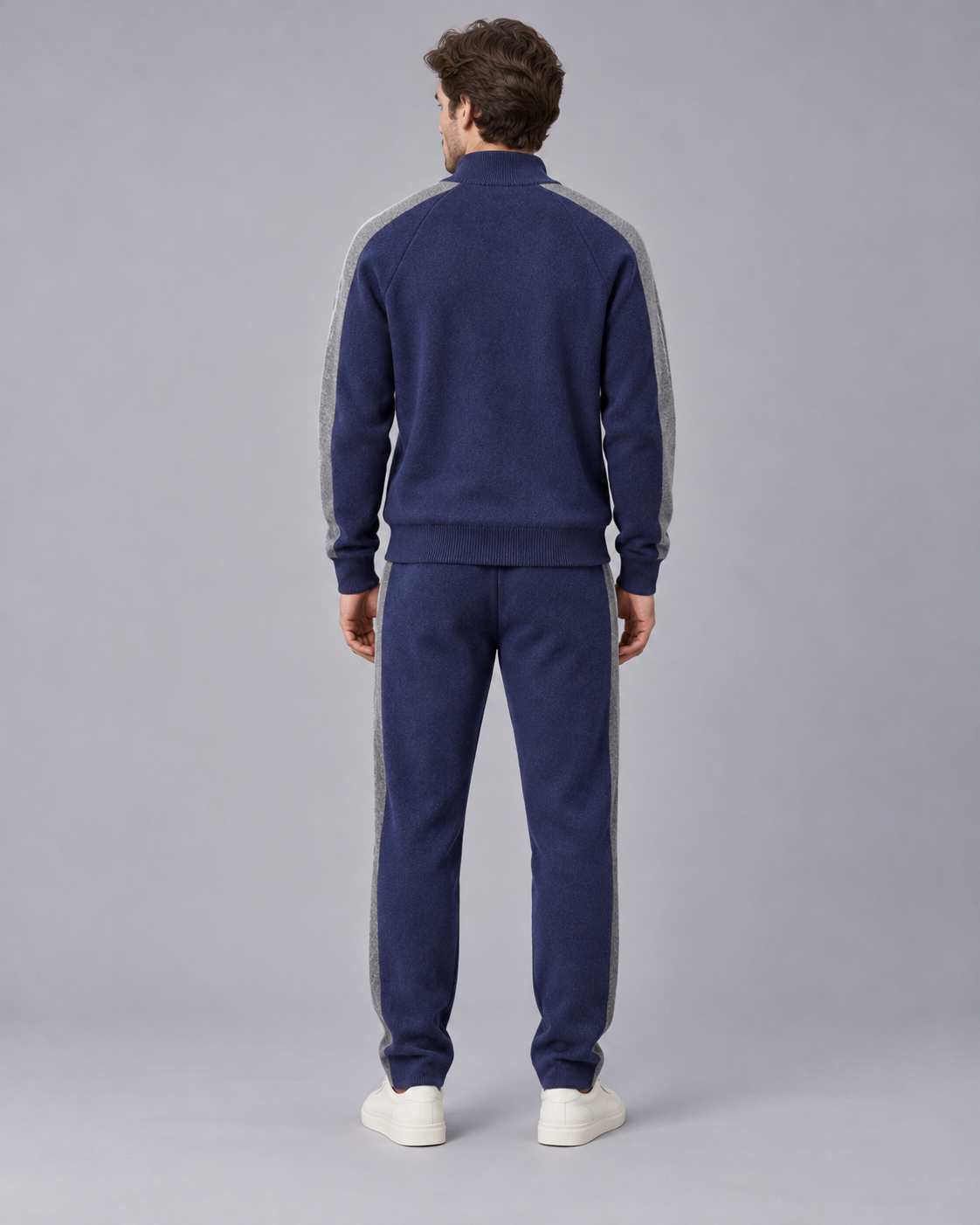 Men's 100% Cashmere Tracksuit with Stand Collar Zip Jacket and Contrast Panels