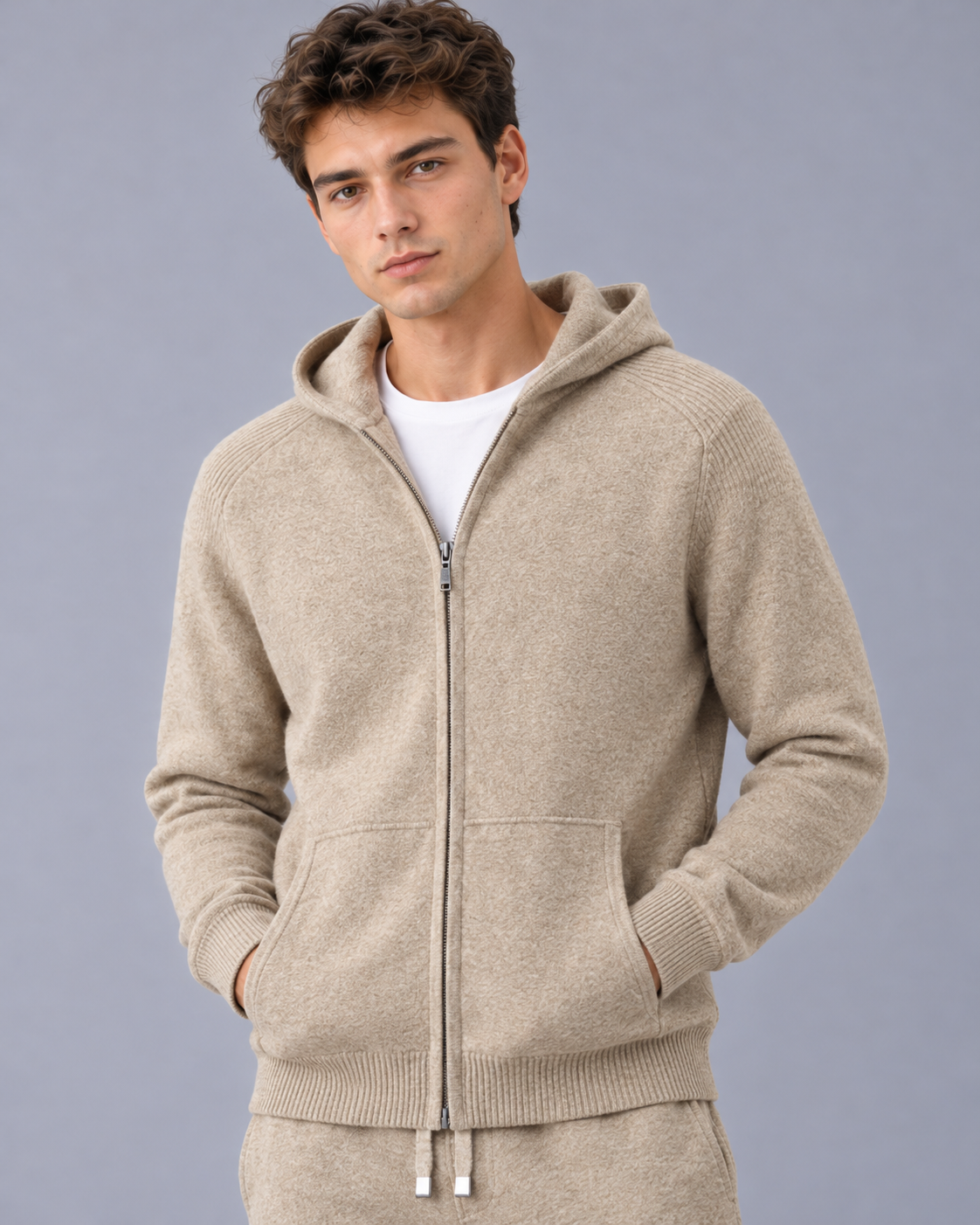 Men's 100% Cashmere Tracksuit Set with Zip-Up Hoodie and Cuffed Joggers