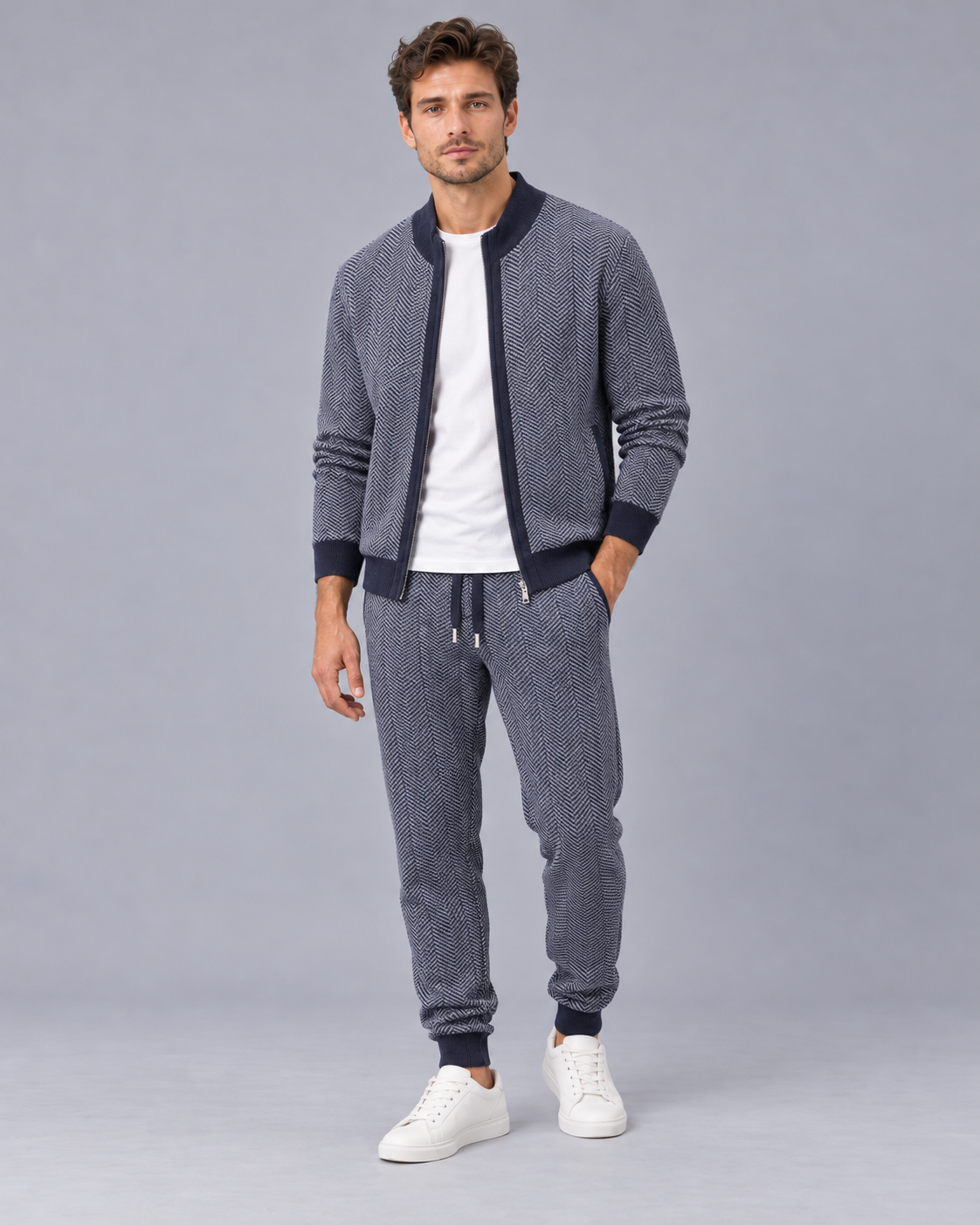 Men's 100% Merino Wool Knitted Tracksuit with Herringbone Pattern and Zip-Up Jacket