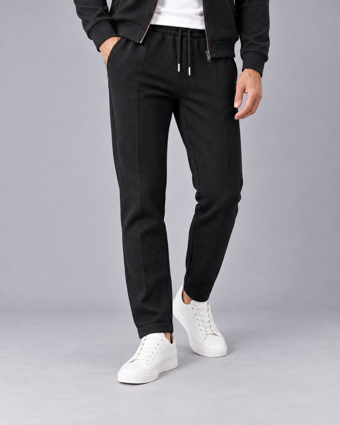 Men's Textured Tracksuit with Zip-Up Jacket and Drawstring Joggers
