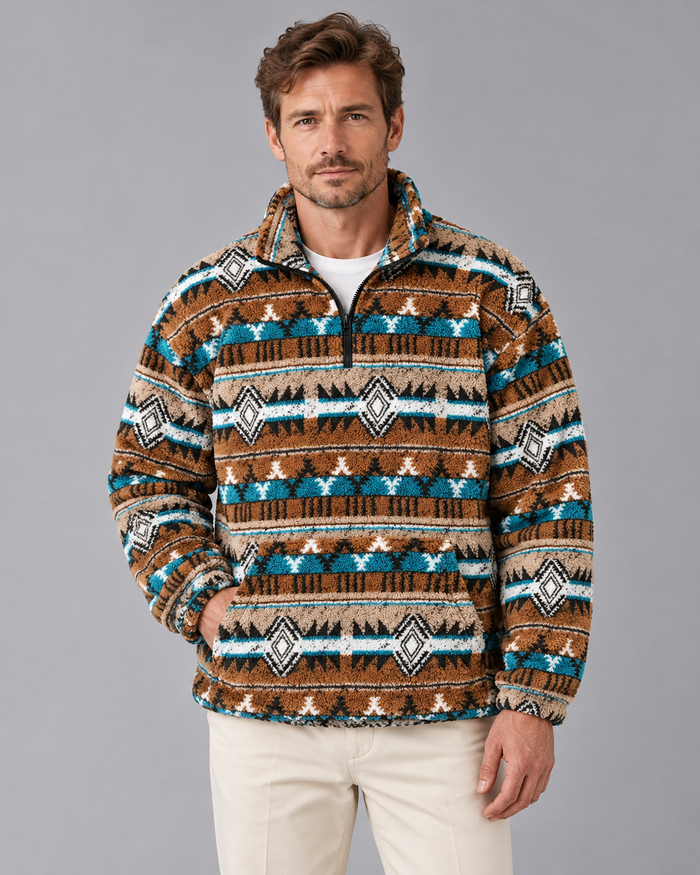 Men's Aztec Sherpa Fleece Quarter Zip Pullover with Kangaroo Pocket | Stand Collar Jumper