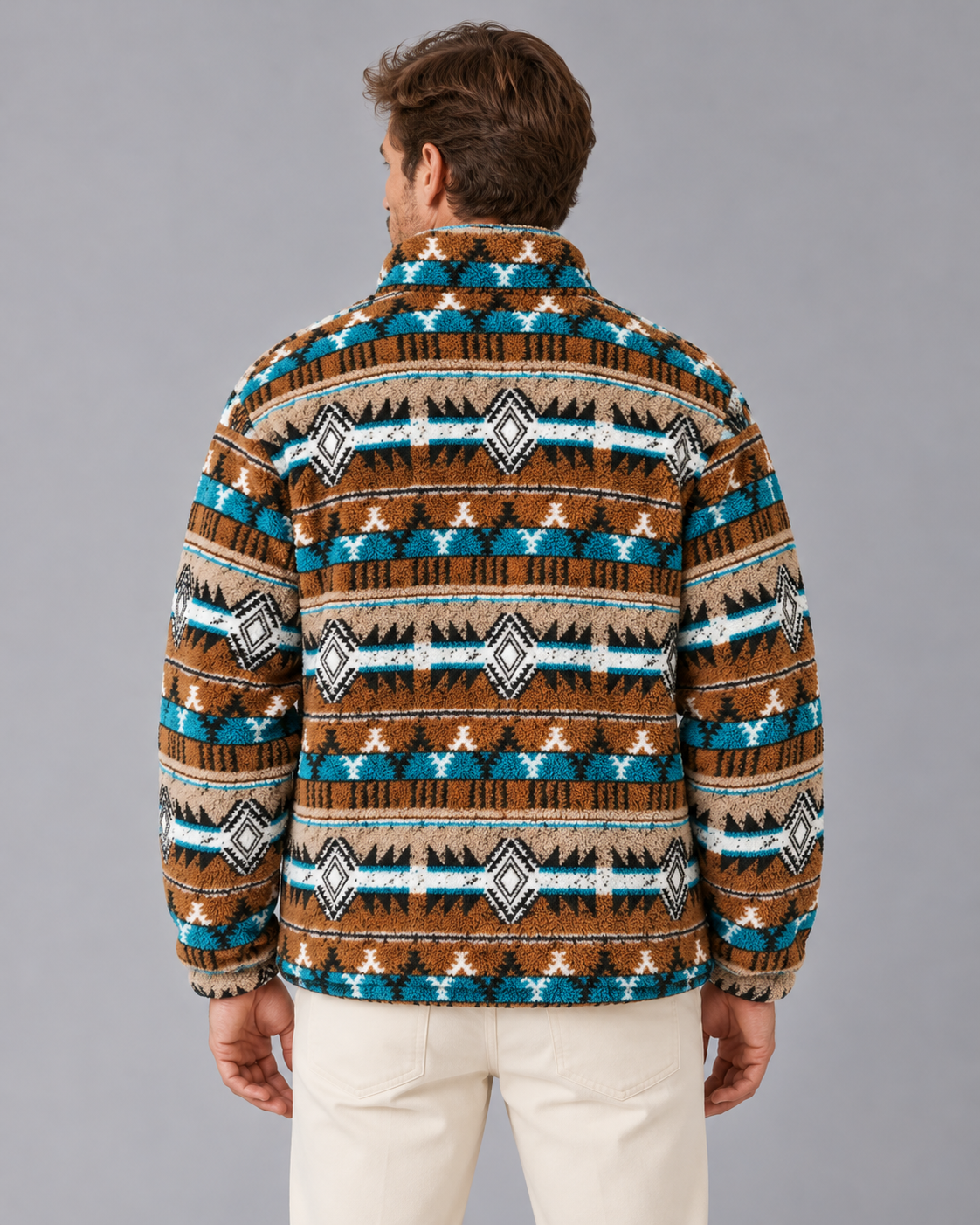 Men's Aztec Sherpa Fleece Quarter Zip Pullover with Kangaroo Pocket | Stand Collar Jumper