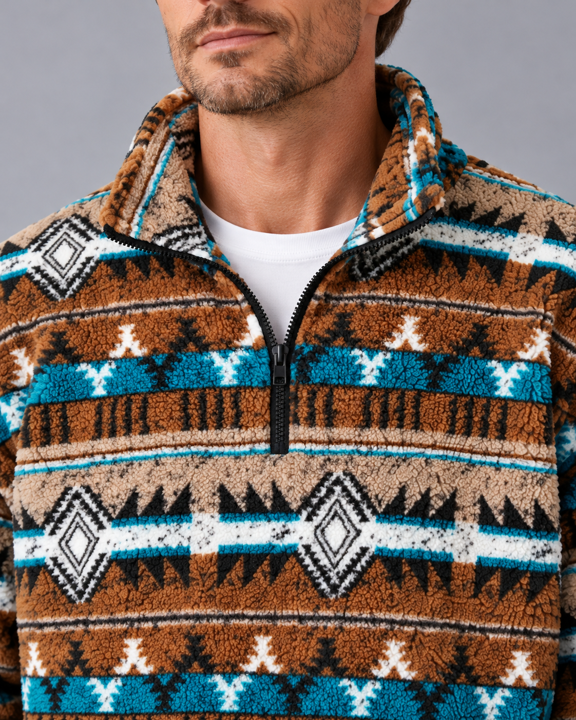 Men's Aztec Sherpa Fleece Quarter Zip Pullover with Kangaroo Pocket | Stand Collar Jumper