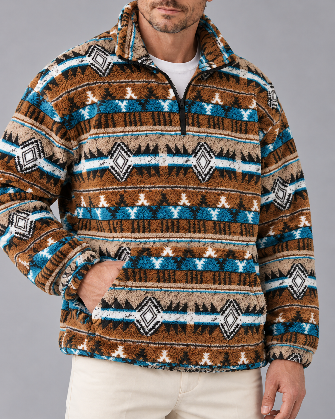 Men's Aztec Sherpa Fleece Quarter Zip Pullover with Kangaroo Pocket | Stand Collar Jumper