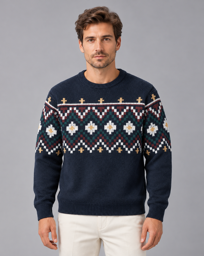Men's Fair Isle Jumper with Crew Neck and Jacquard Pattern | Festive Sweater