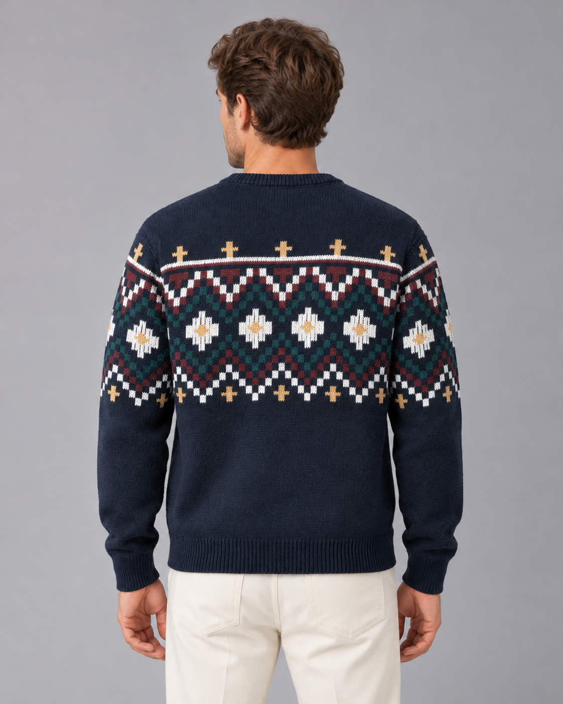 Men's Fair Isle Jumper with Crew Neck and Jacquard Pattern | Festive Sweater