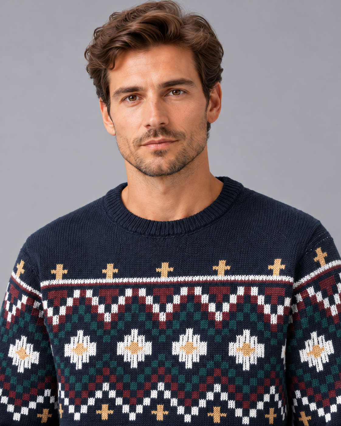 Men's Fair Isle Jumper with Crew Neck and Jacquard Pattern | Festive Sweater