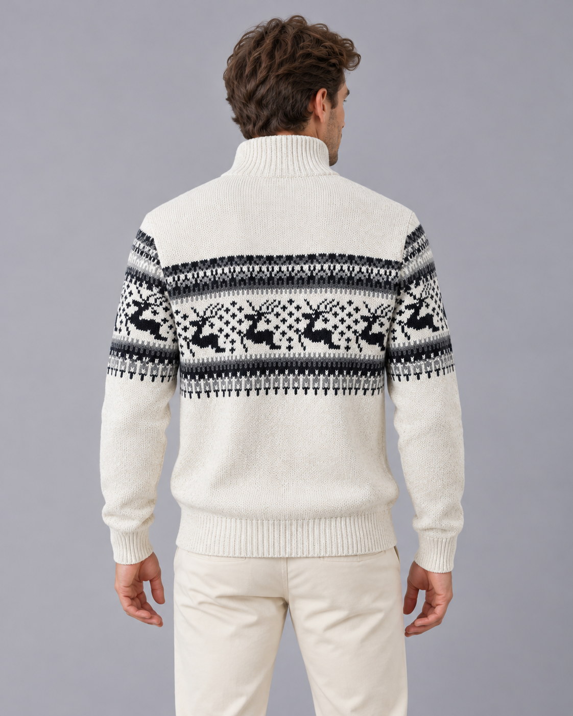 Men's Fair Isle Half Zip Jumper with Reindeer Pattern | Festive Sweater
