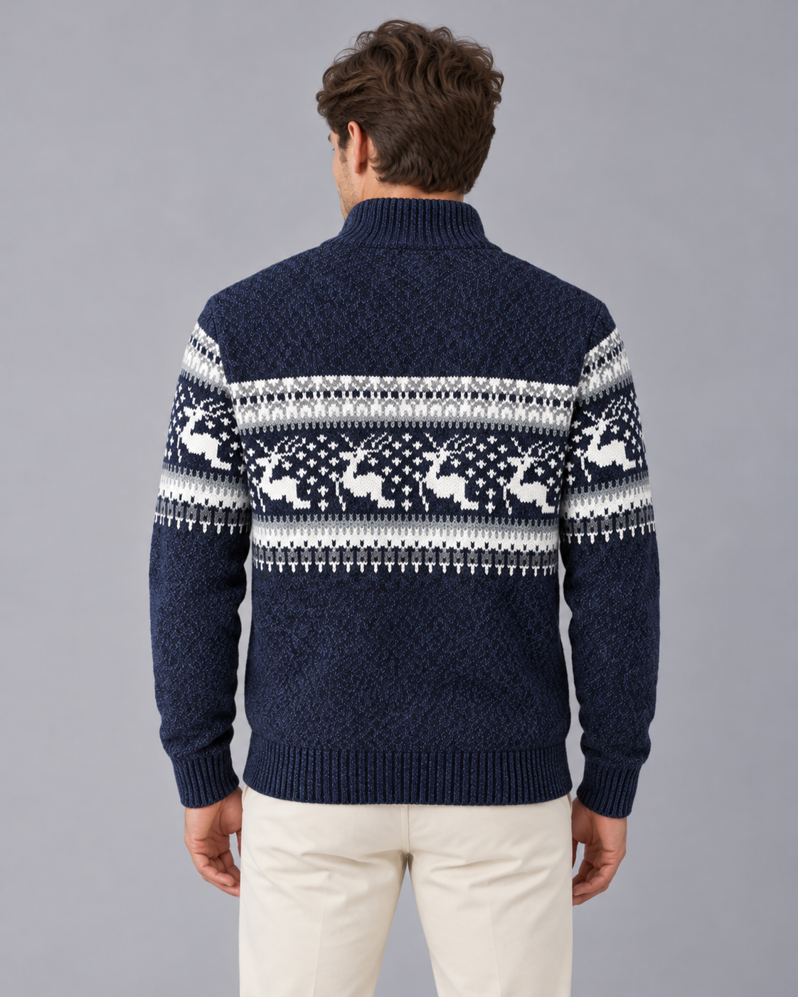 Men's Fair Isle Half Zip Jumper with Reindeer Pattern | Festive Sweater