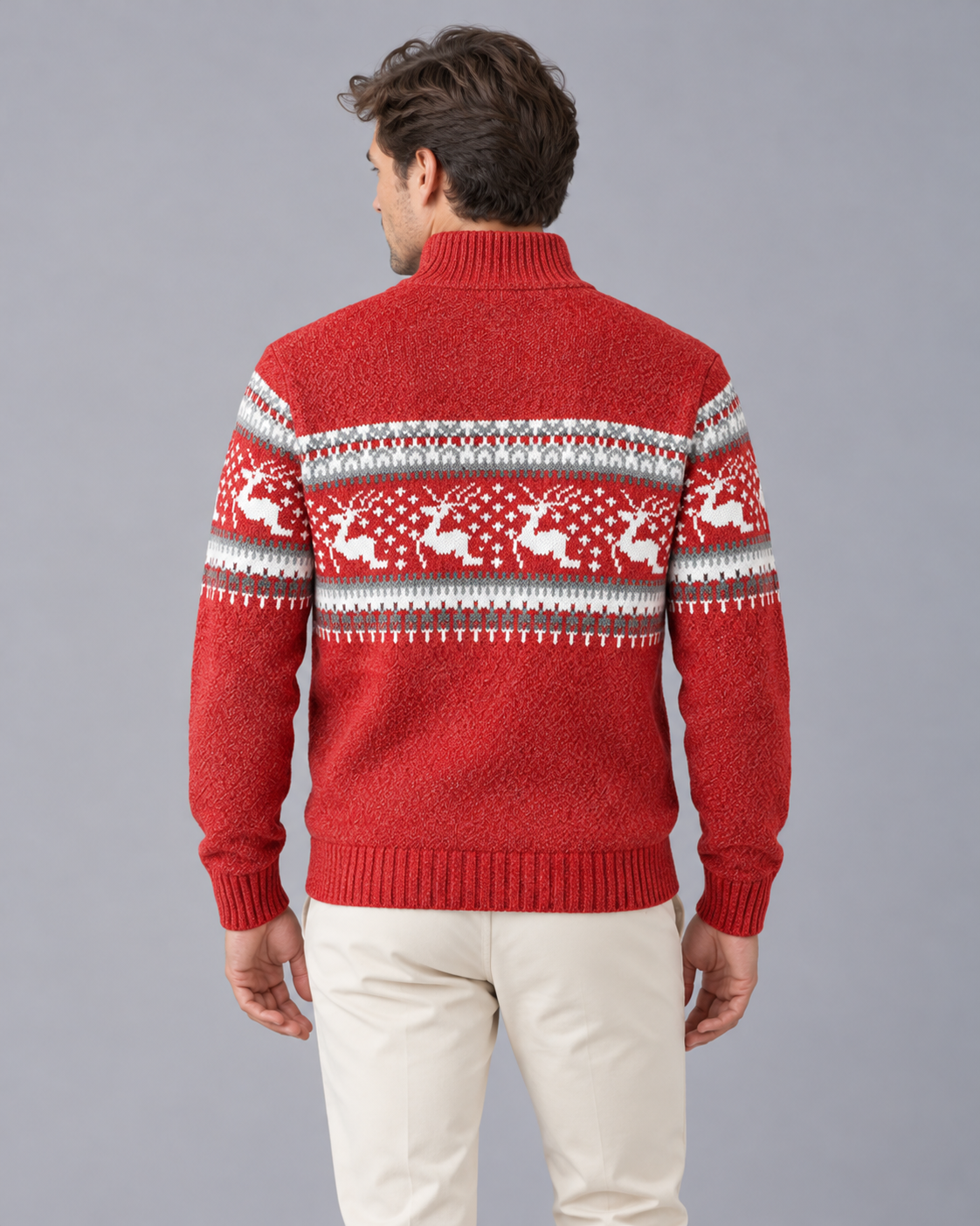 Men's Fair Isle Half Zip Jumper with Reindeer Pattern | Festive Sweater