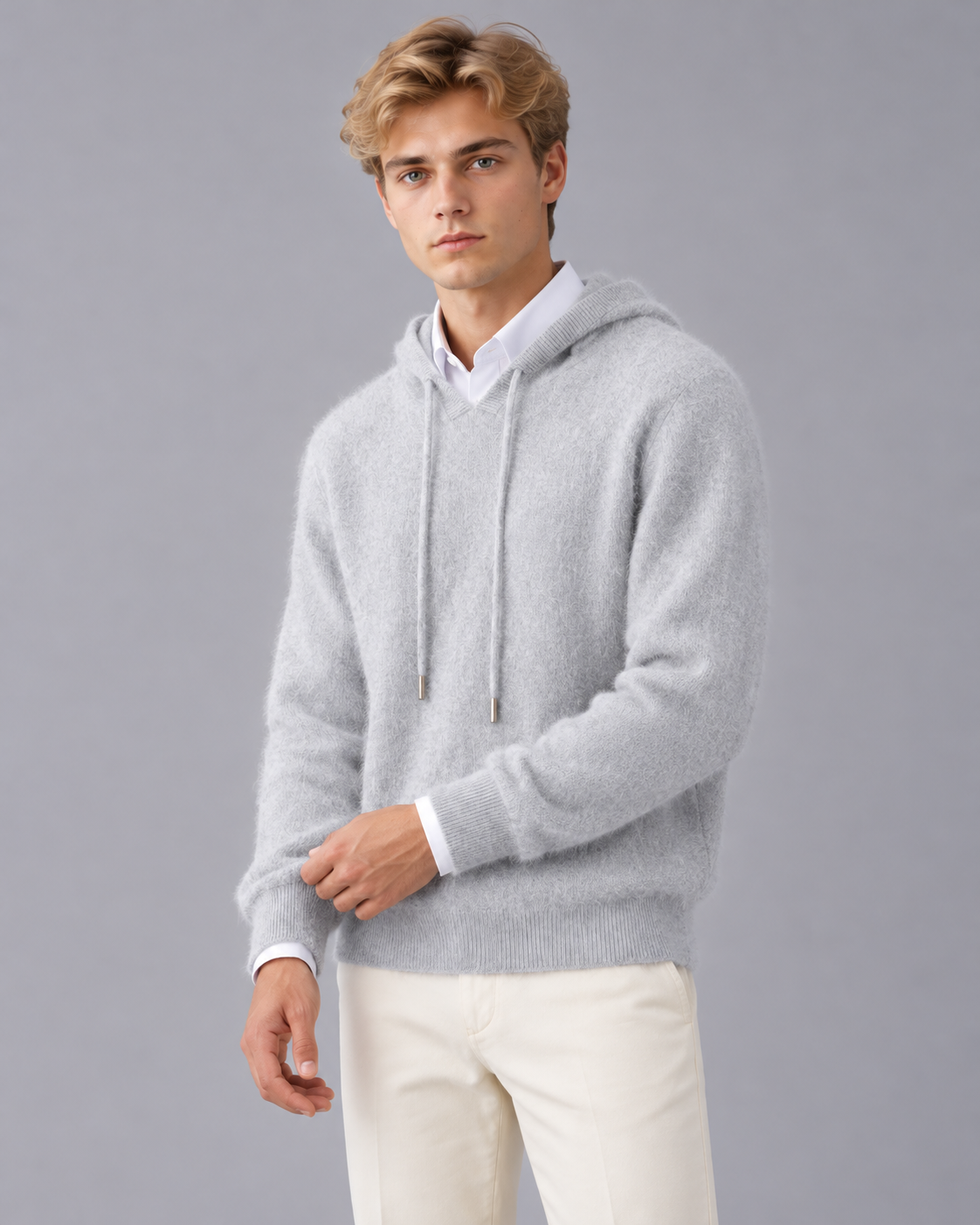 Men's Cashmere Look Hoodie with Drawstrings and Hood