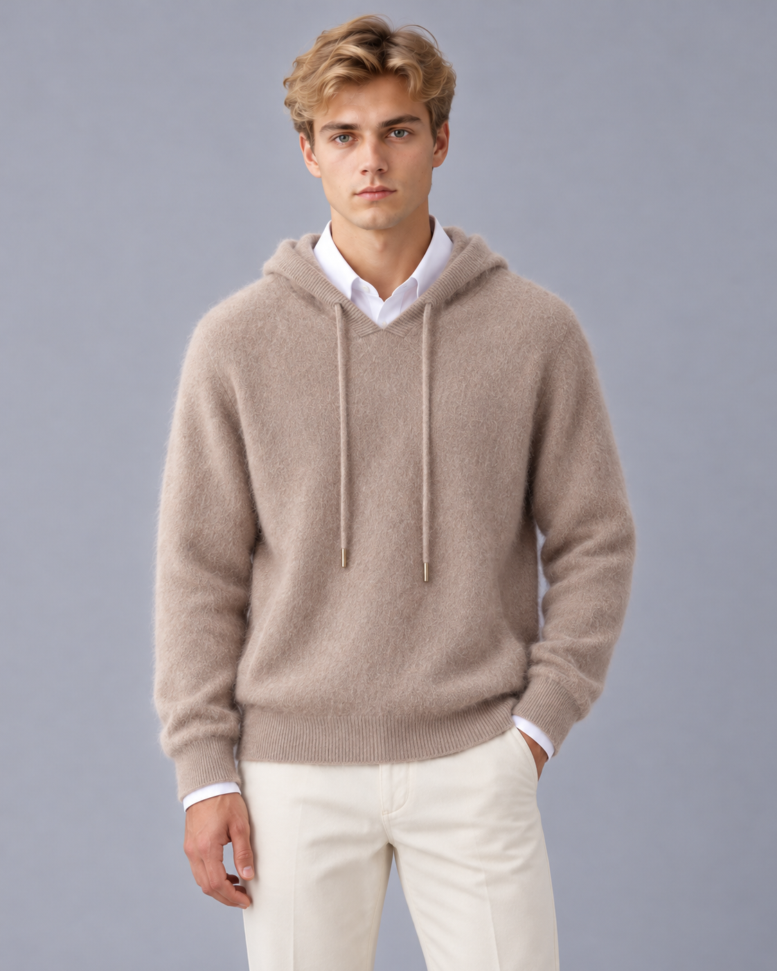 Men's Cashmere Look Hoodie with Drawstrings and Hood