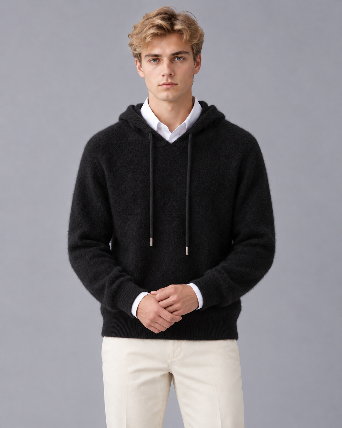 Men's Cashmere Look Hoodie with Drawstrings and Hood