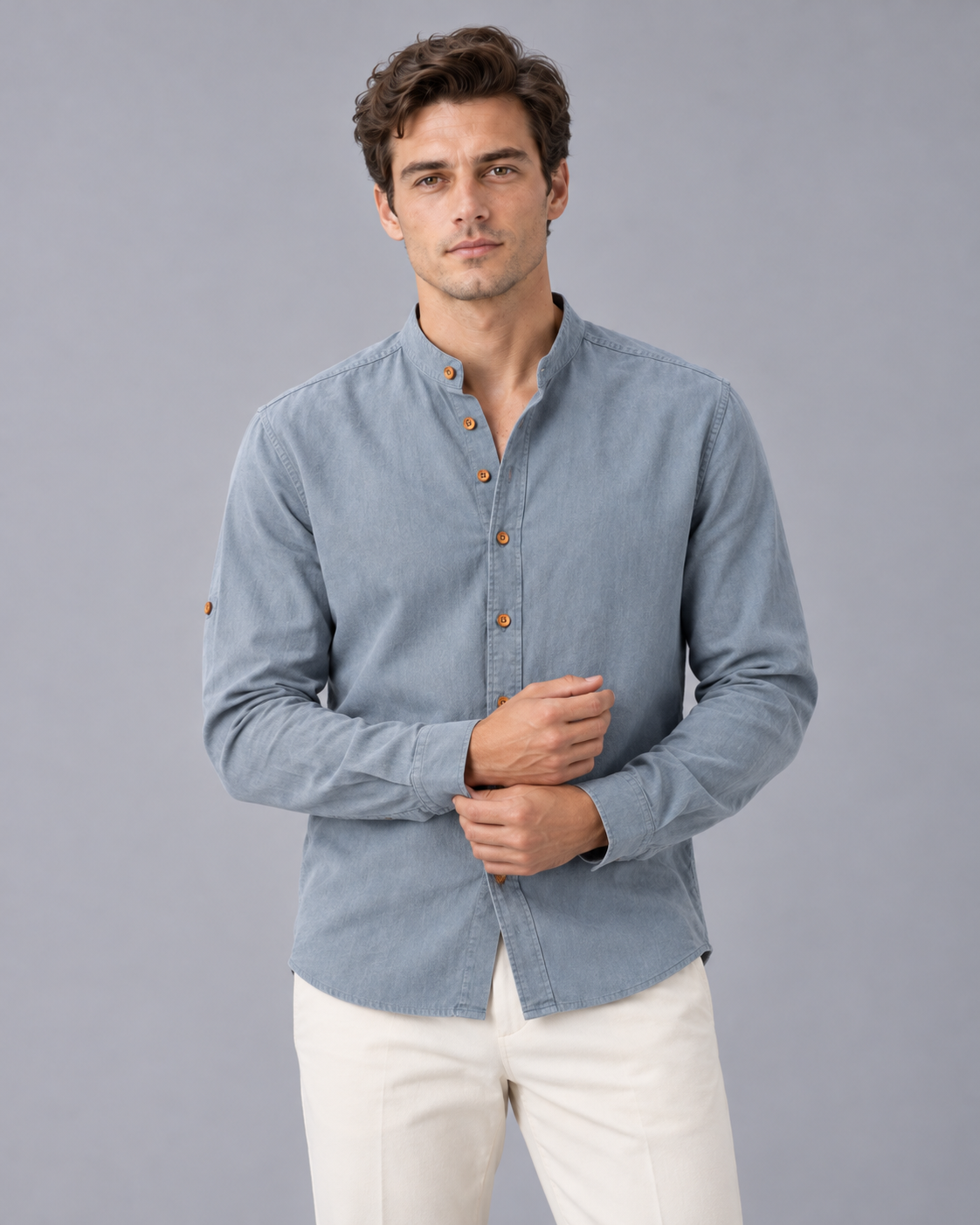 Men's Linen Grandad Collar Shirt with Long Sleeves