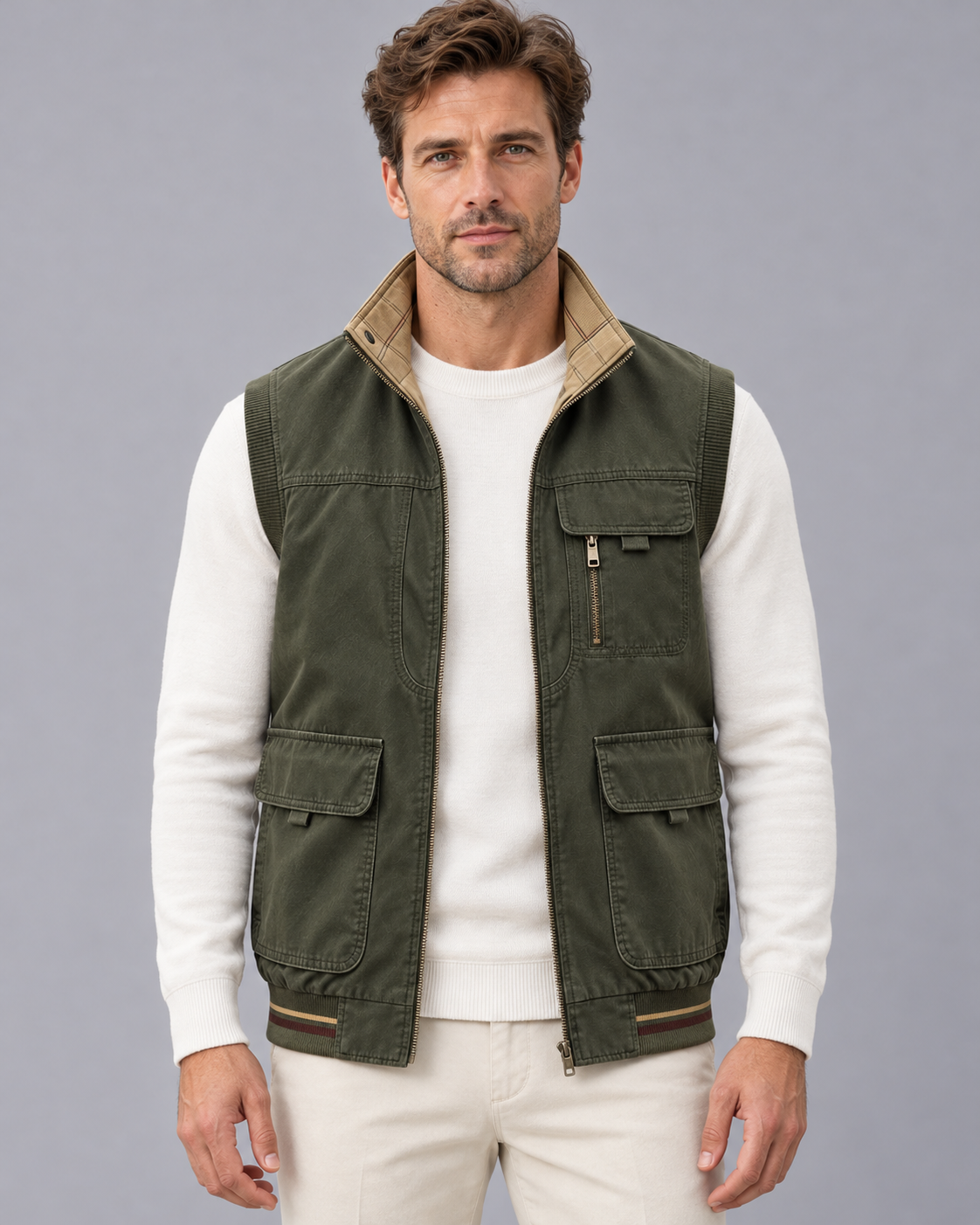 Men's Utility Gilet with Contrast Stand Collar and Zip Front