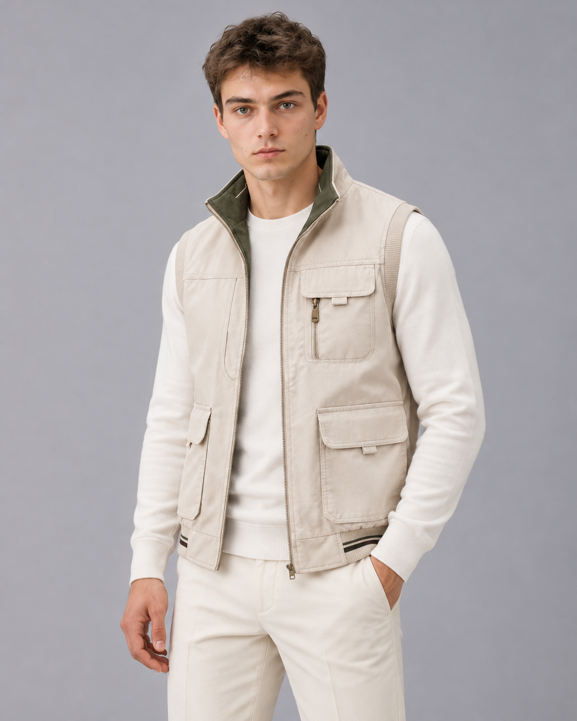 Men's Utility Gilet with Contrast Stand Collar and Zip Front