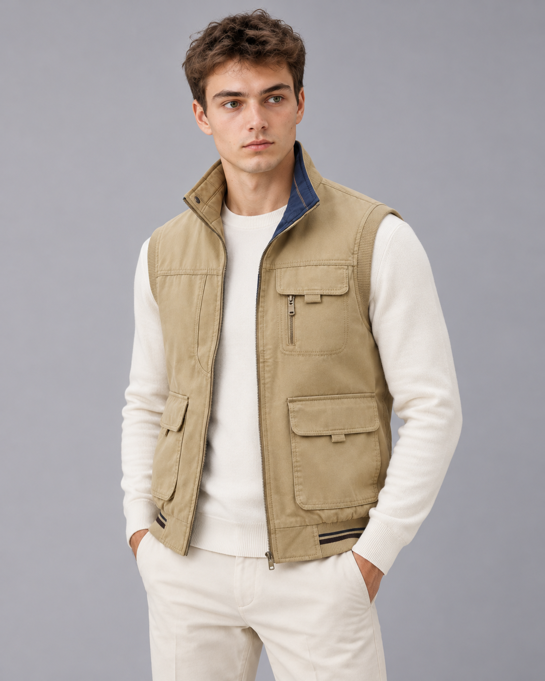 Men's Utility Gilet with Contrast Stand Collar and Zip Front