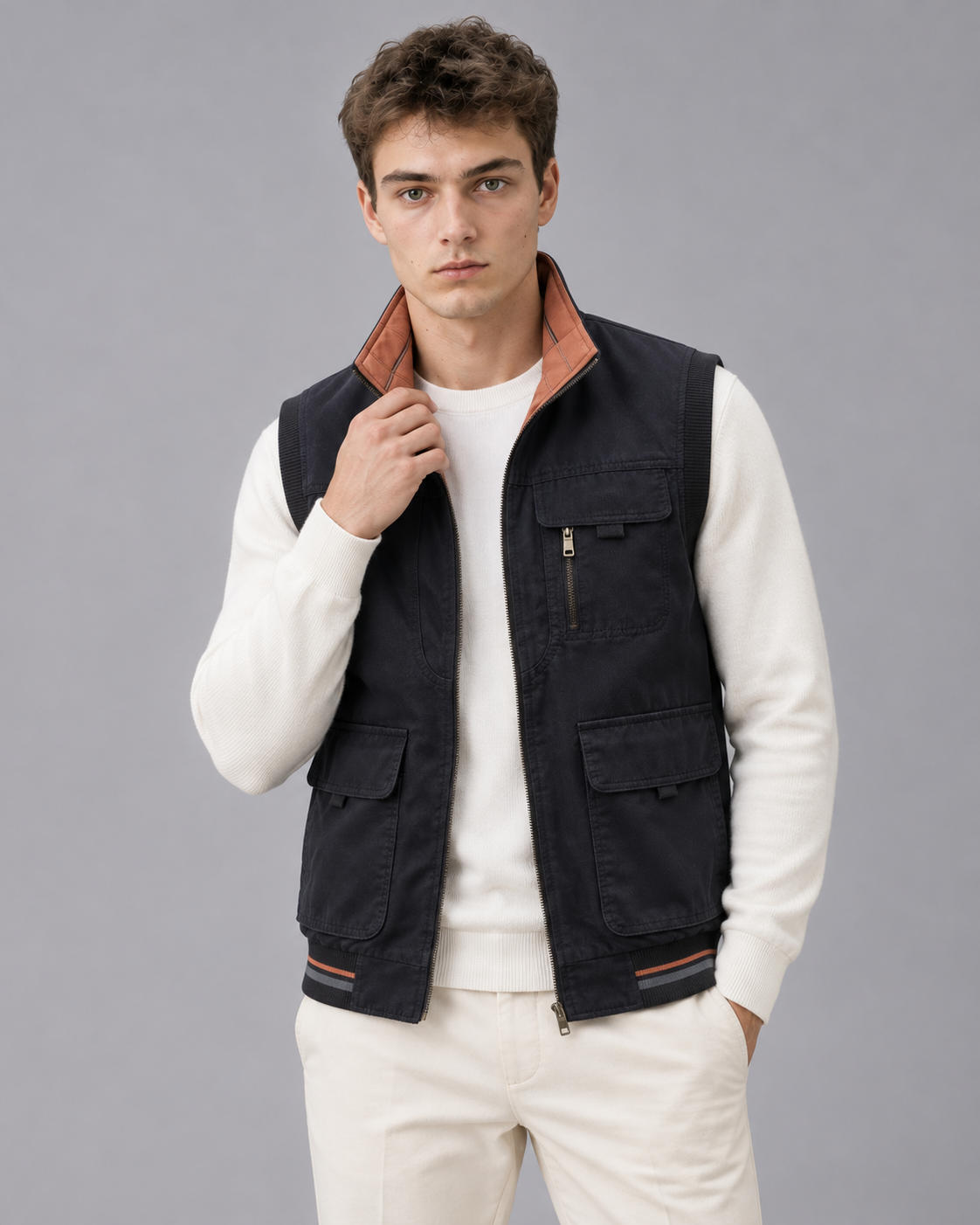 Men's Utility Gilet with Contrast Stand Collar and Zip Front