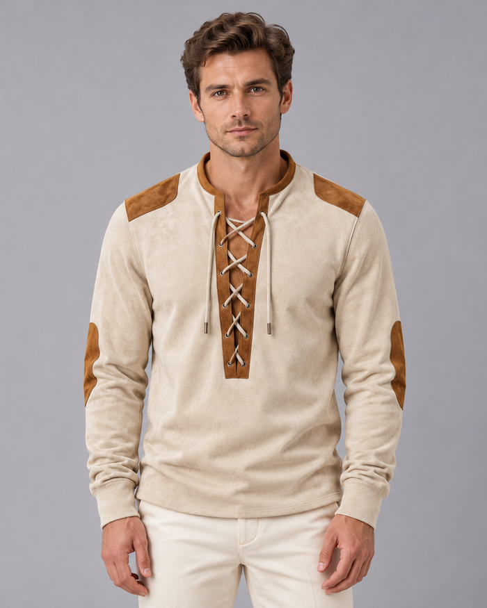 Men's Lace-Up Henley Shirt with Suede-Touch Finish
