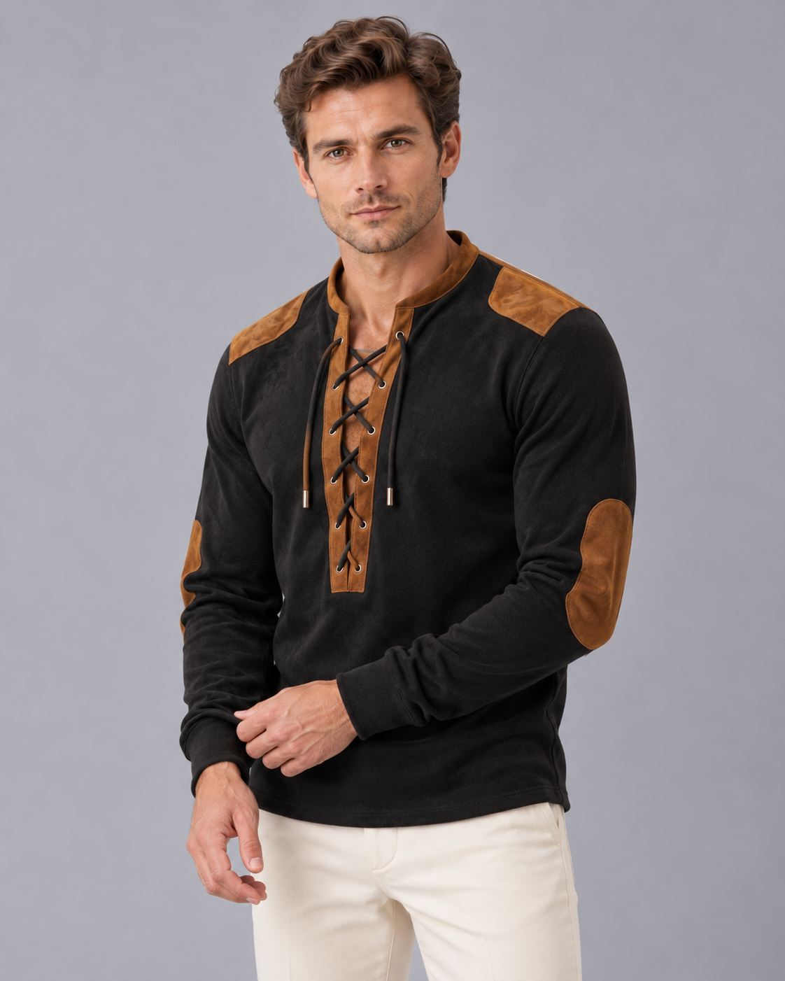 Men's Lace-Up Henley Shirt with Suede-Touch Finish