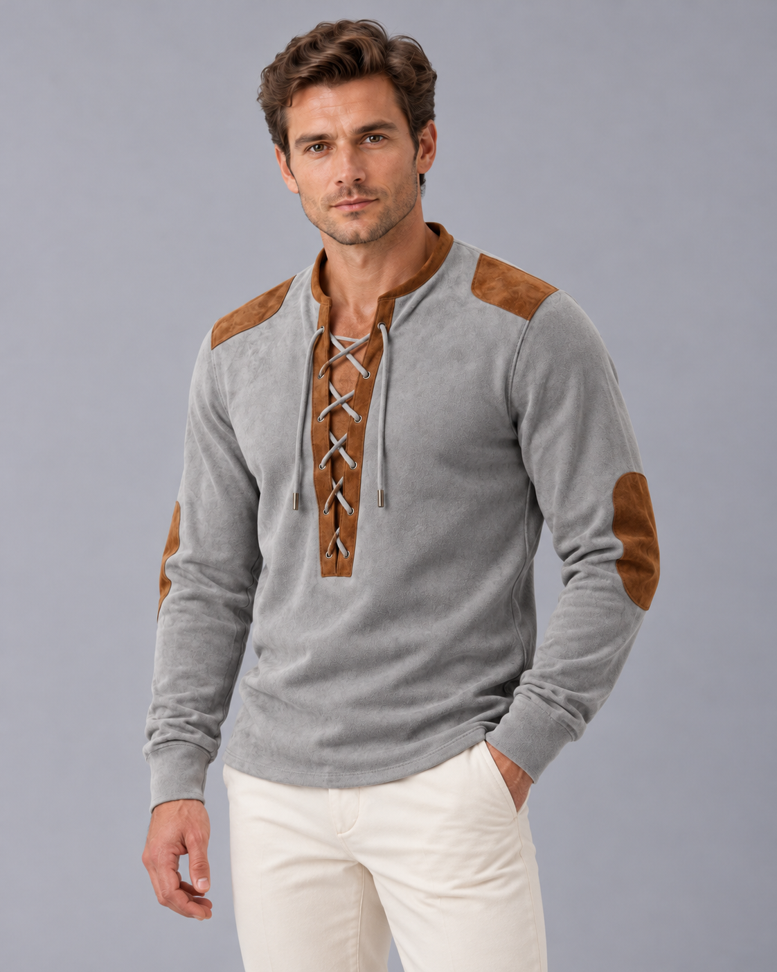 Men's Lace-Up Henley Shirt with Suede-Touch Finish