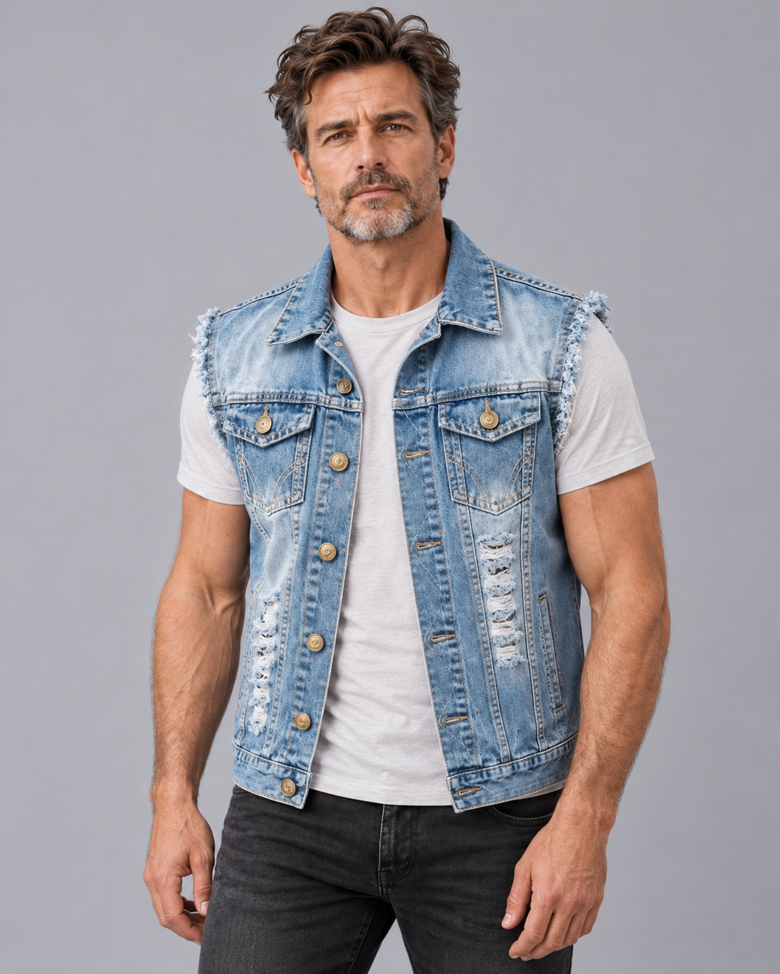 Men's Distressed Denim Waistcoat with Button Front and Chest Pockets