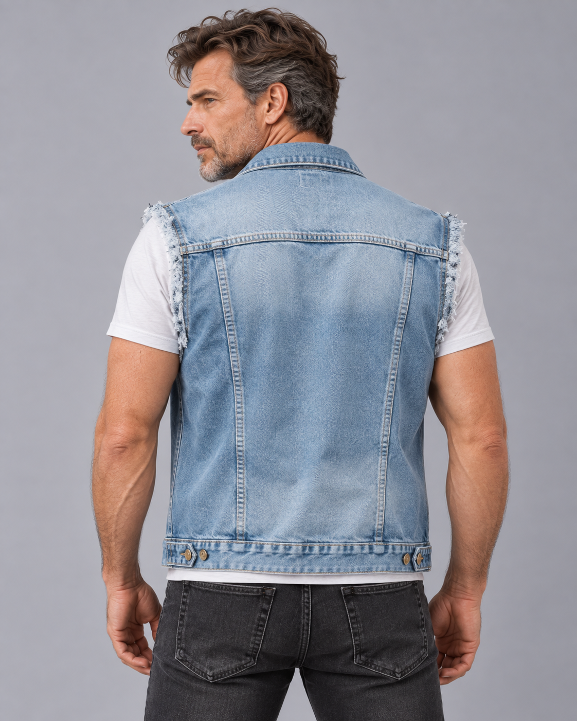 Men's Distressed Denim Waistcoat with Button Front and Chest Pockets