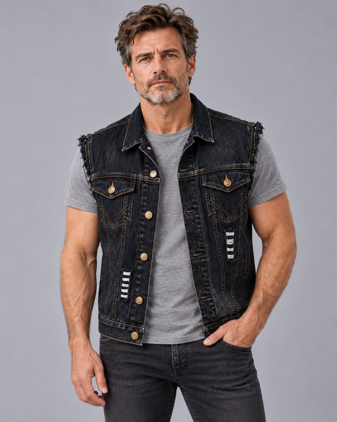 Men's Distressed Denim Waistcoat with Button Front and Chest Pockets