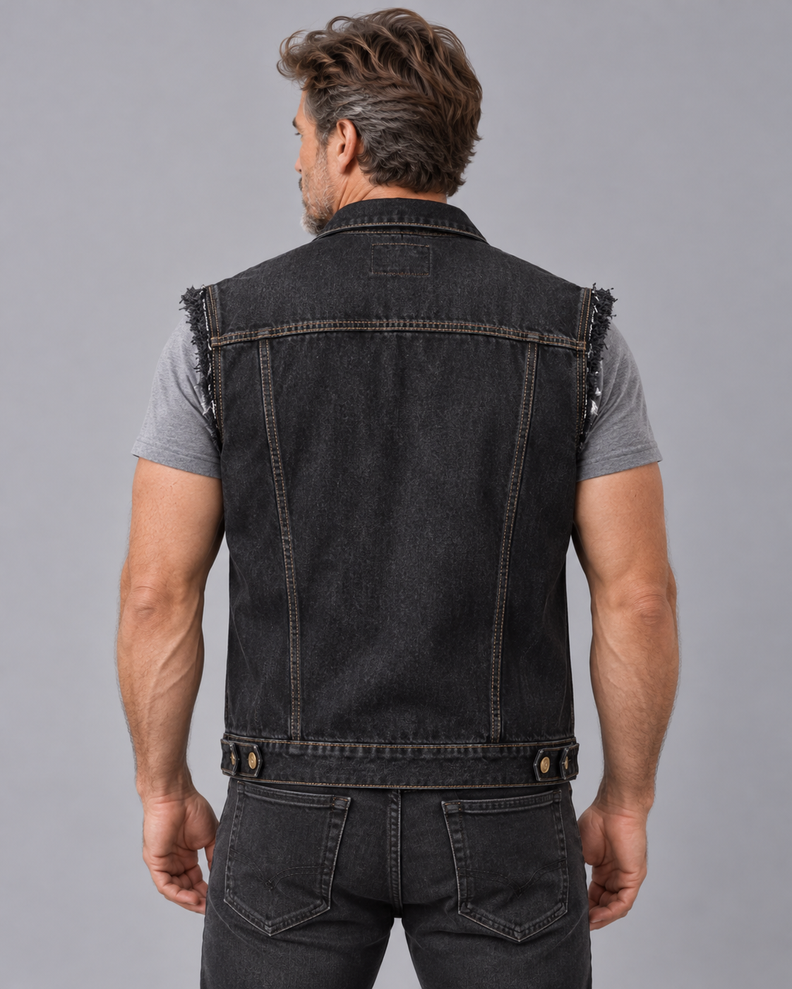 Men's Distressed Denim Waistcoat with Button Front and Chest Pockets