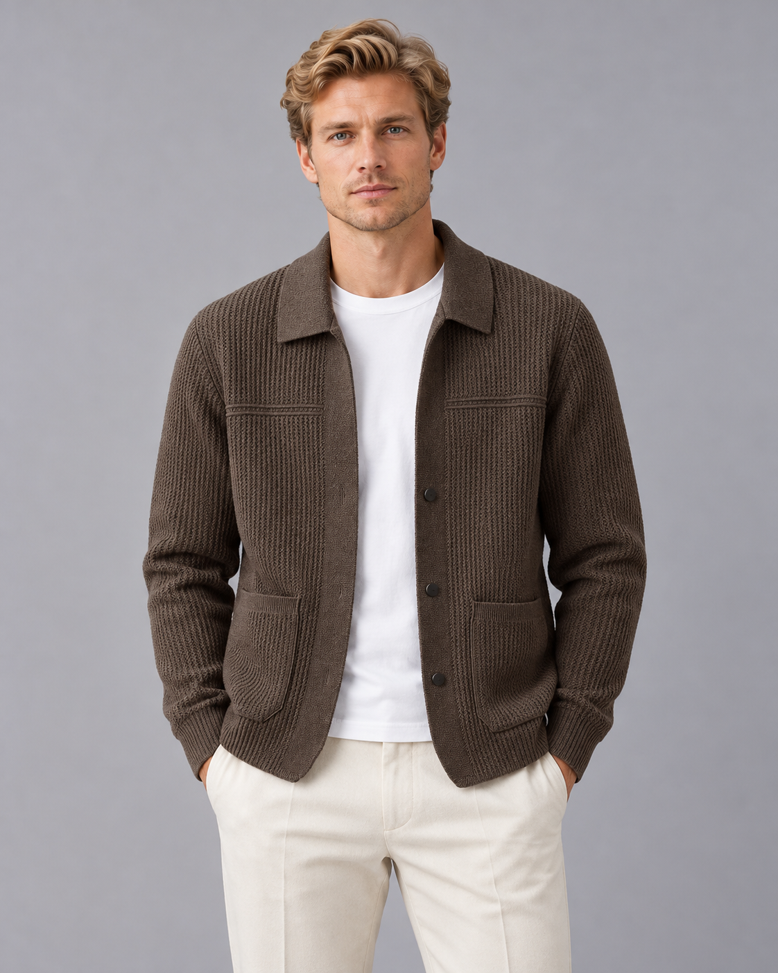 Men's Rib Knit Cardigan with Collar and Patch Pockets