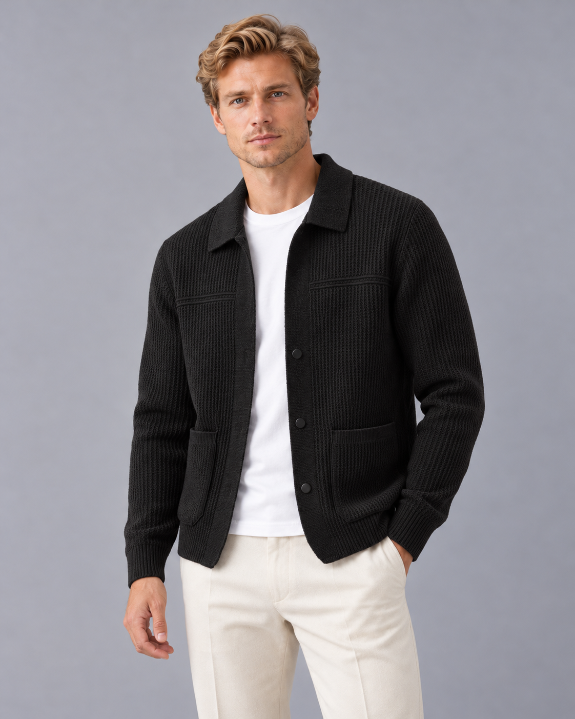 Men's Rib Knit Cardigan with Collar and Patch Pockets