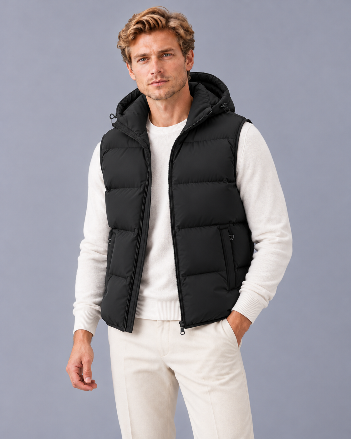 Men's Padded Gilet with Hood and Quilted Body