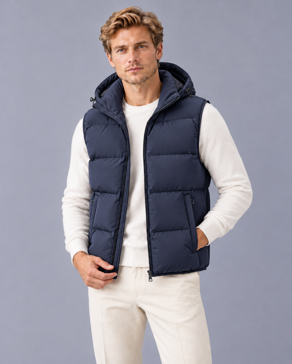 Men's Padded Gilet with Hood and Quilted Body