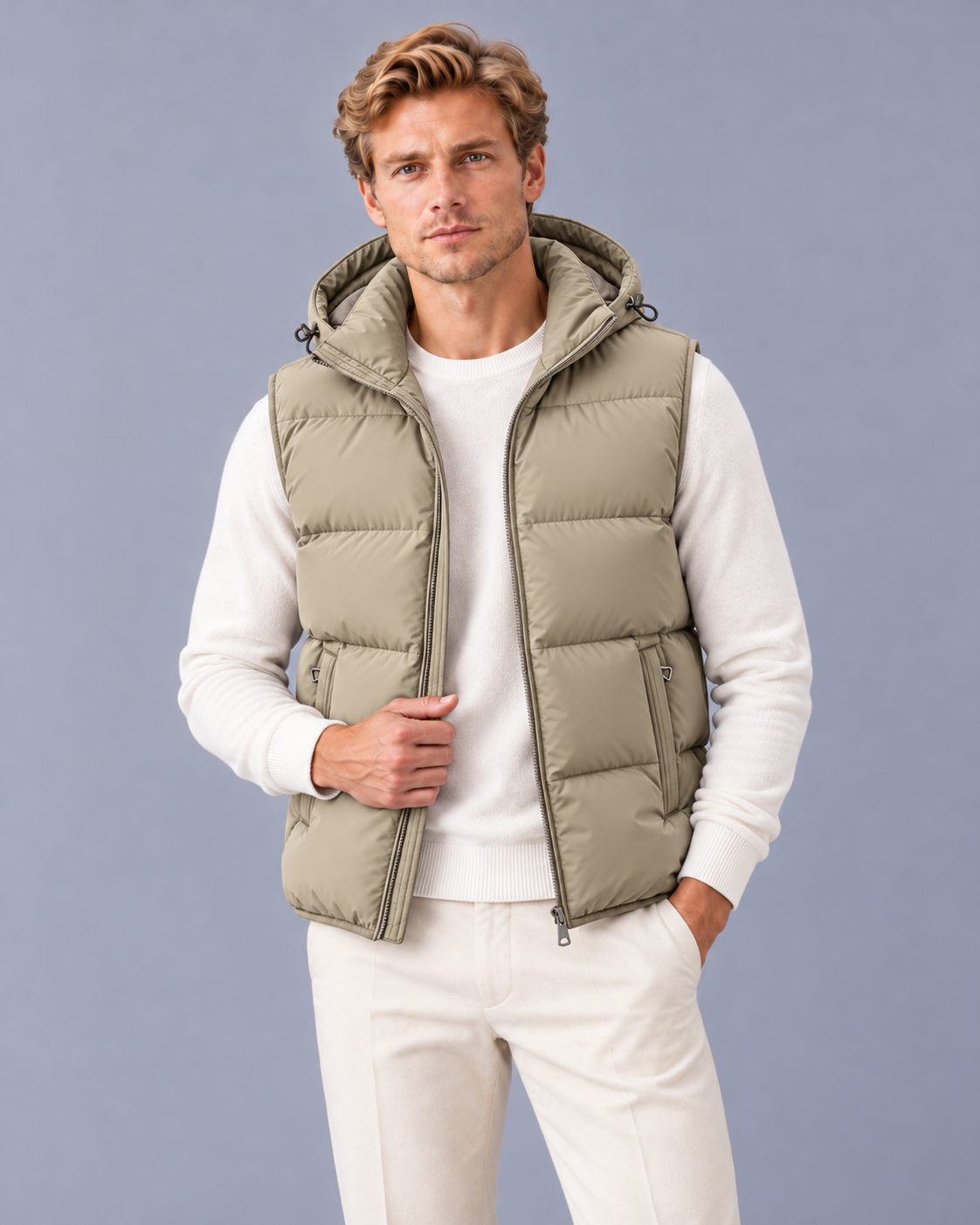 Men's Padded Gilet with Hood and Quilted Body