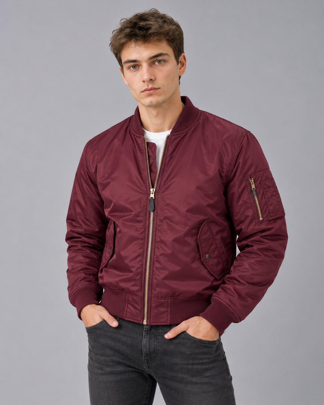 Men's Padded Bomber Jacket with Zip Pockets