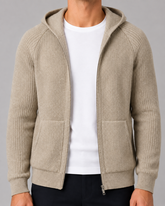 Cashmere Rib Knit Zip Hoodie