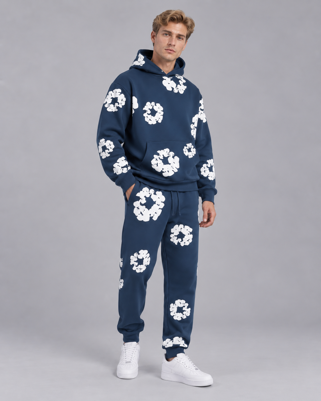 Unisex Floral Print Tracksuit – Oversized Hoodie and Joggers Set with Kangaroo Pocket
