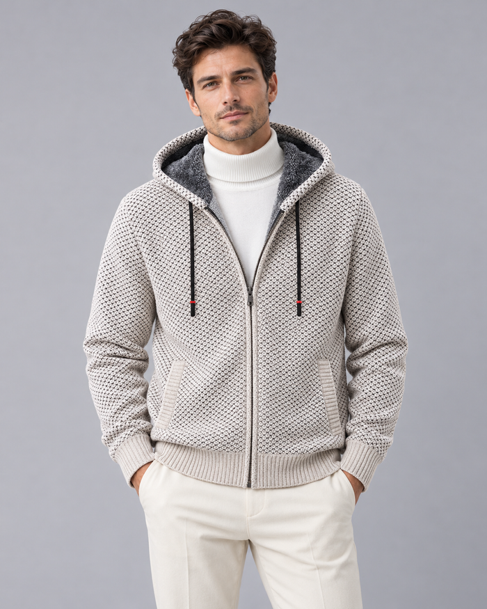 Men's Knitted Zip Hoodie with Fleece Lining – Textured Knit, Full Zip