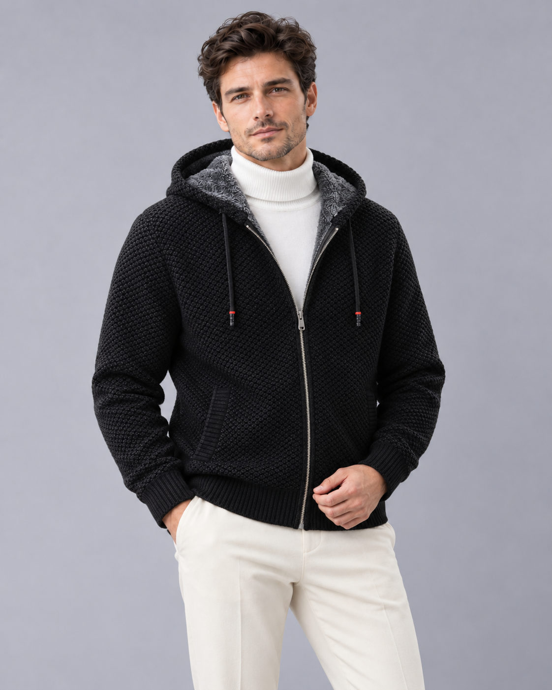 Men's Knitted Zip Hoodie with Fleece Lining – Textured Knit, Full Zip