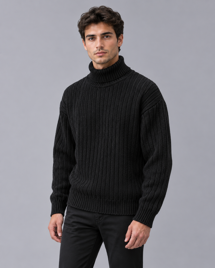 Men's Ribbed Roll Neck Jumper – Turtleneck, Dropped Shoulder, Relaxed Fit