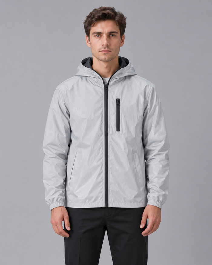 Men's Reflective Rain Jacket with Hood – Lightweight Waterproof Jacket in Silver Grey