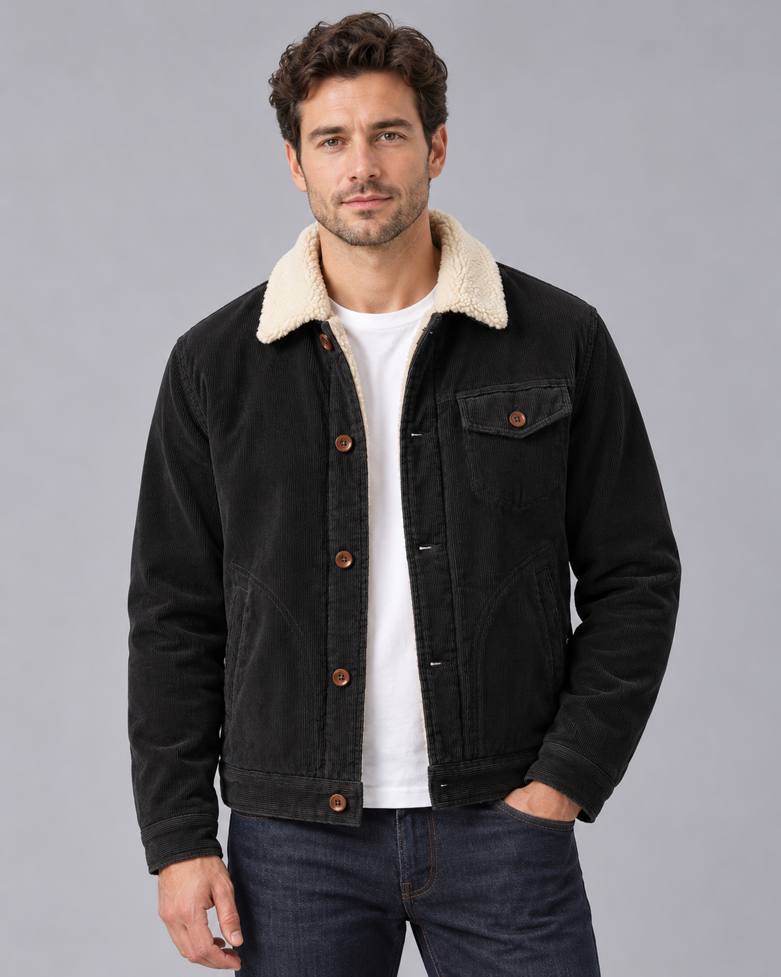 Men's Corduroy Sherpa Lined Jacket – Trucker Jacket with Fleece Collar and Chest Pocket
