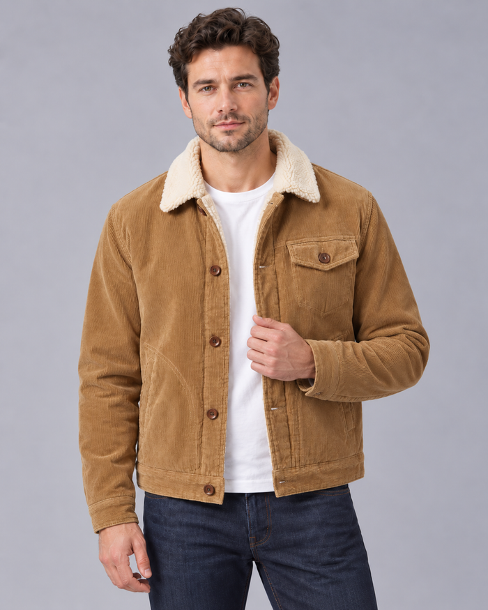 Men's Corduroy Sherpa Lined Jacket – Trucker Jacket with Fleece Collar and Chest Pocket