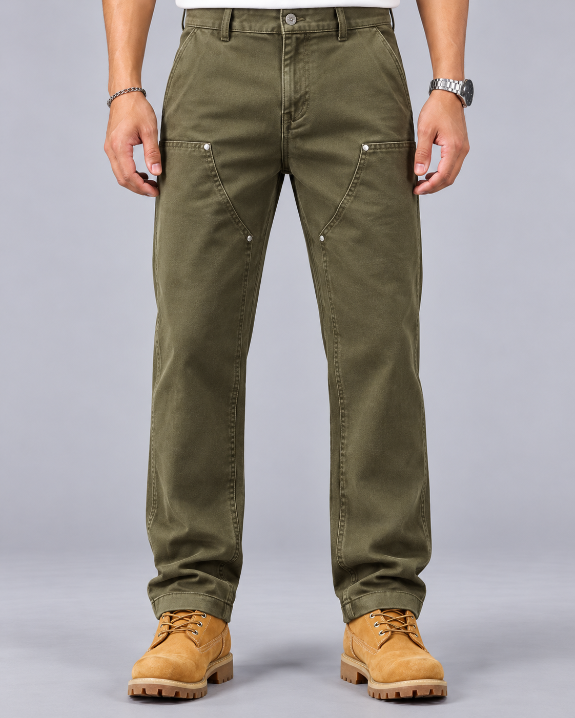 Men's Utility Trousers in Cotton Twill – Riveted Front Panels, Thigh Pocket, Straight Leg