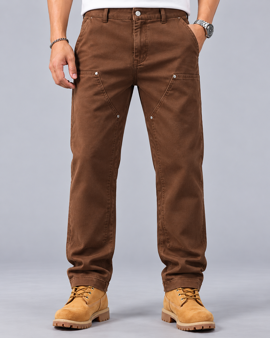Men's Utility Trousers in Cotton Twill – Riveted Front Panels, Thigh Pocket, Straight Leg