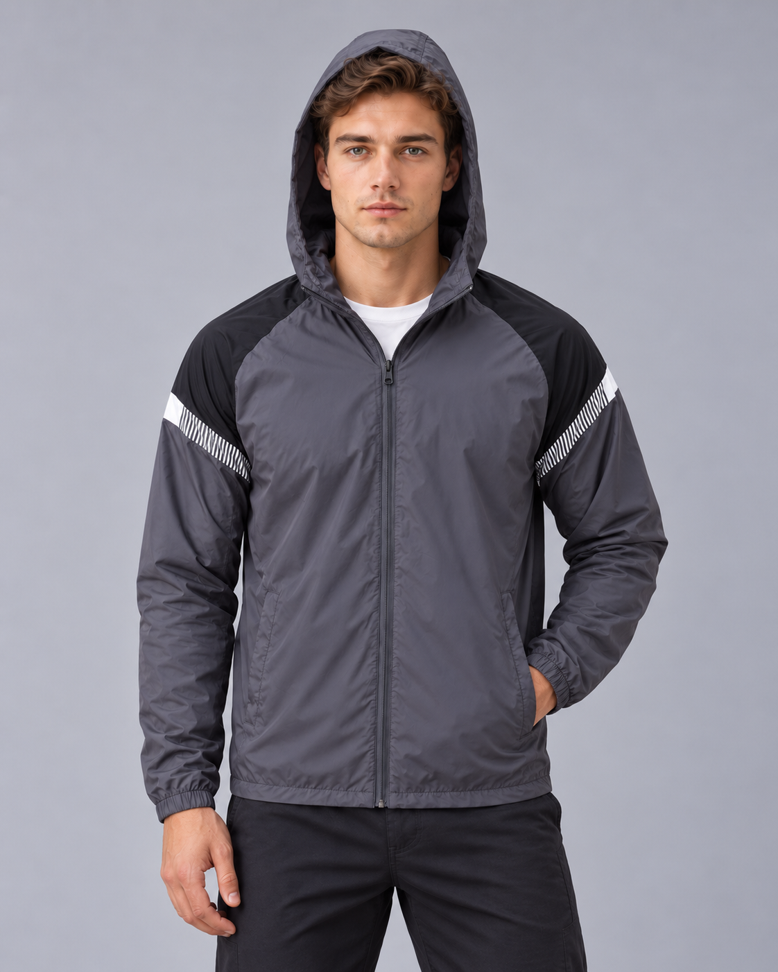 Men's Hooded Windbreaker Jacket – Full Zip, Contrast Shoulder Panels, Elasticated Cuffs, Regular Fit