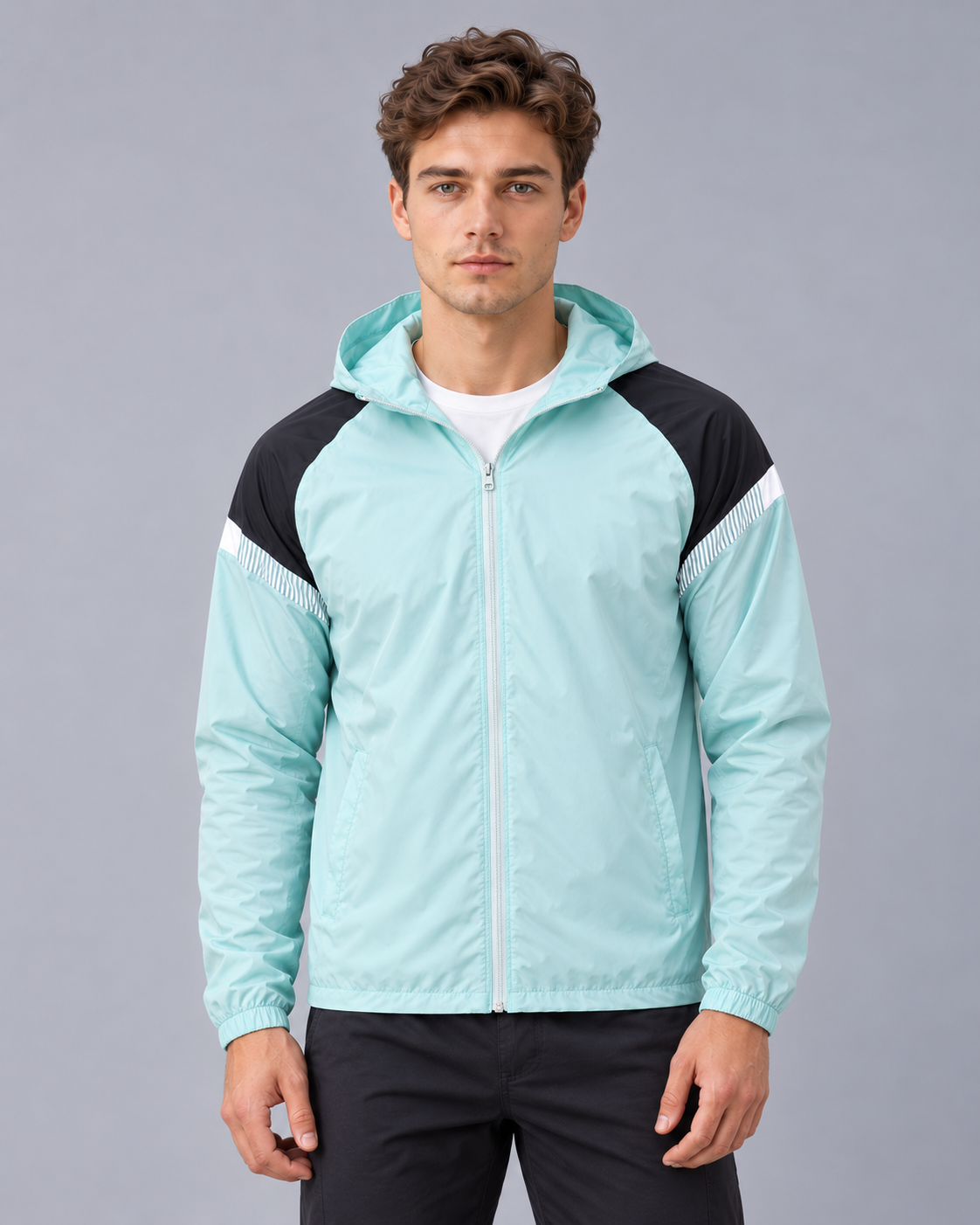 Men's Hooded Windbreaker Jacket – Full Zip, Contrast Shoulder Panels, Elasticated Cuffs, Regular Fit