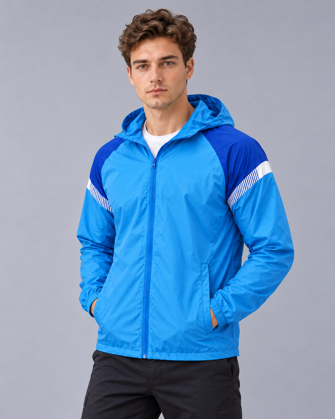 Men's Hooded Windbreaker Jacket – Full Zip, Contrast Shoulder Panels, Elasticated Cuffs, Regular Fit