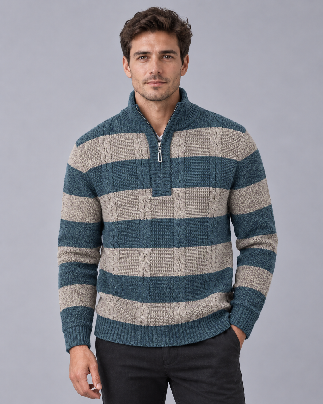 Men's Half Zip Jumper – Striped Cable Knit, Ribbed Stand Collar, Relaxed Fit
