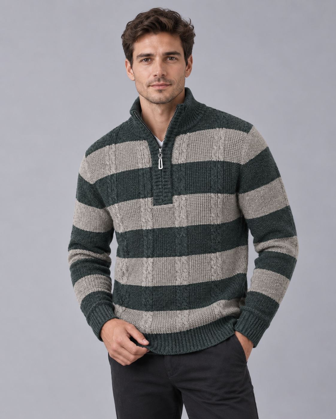 Men's Half Zip Jumper – Striped Cable Knit, Ribbed Stand Collar, Relaxed Fit